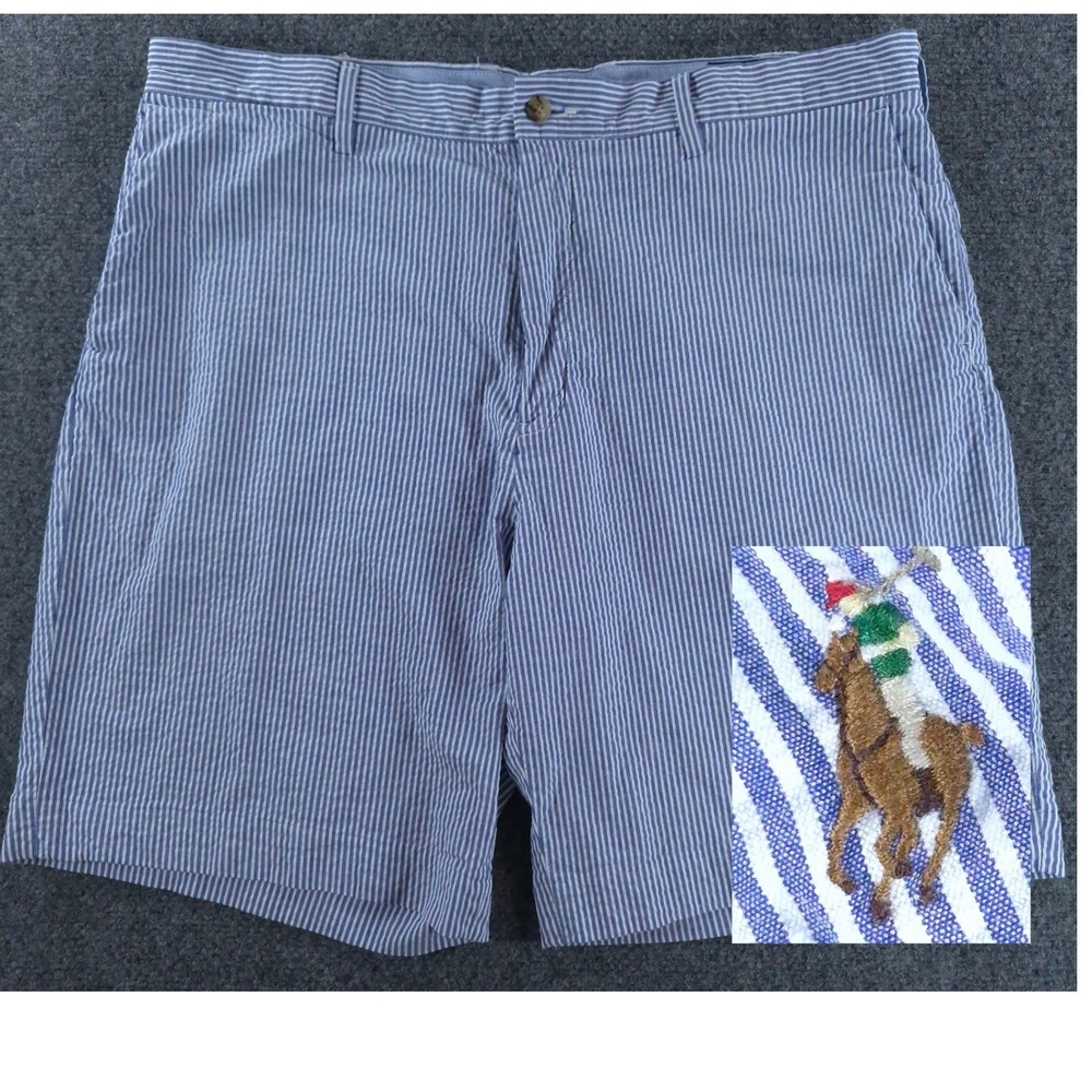 Polo Ralph Lauren Mens 38 Blue White Seersucker Stretch Classic Fit Shorts
